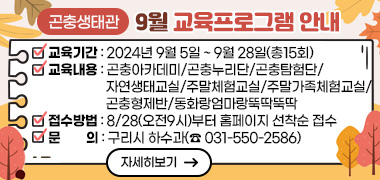 구리시곤충생태관 9월 정기 교육프로그램 안내
○ 교육기간: 2024년 9월 5일 ~ 9월 28일(총15회)
○ 교육내용: 정기교육 및 체험: 곤충아카데미/곤충누리단/곤충탐험단/자연생태교실/주말체험교실/ 주말가족체험교실/곤충형제반/동화랑엄마랑뚝딱뚝딱
○ 접수방법: 8/28(오전9시)부터 홈페이지 선착순 접수
○ 문의: 구리시 하수과(☎ 031-550-2586)
바로가기